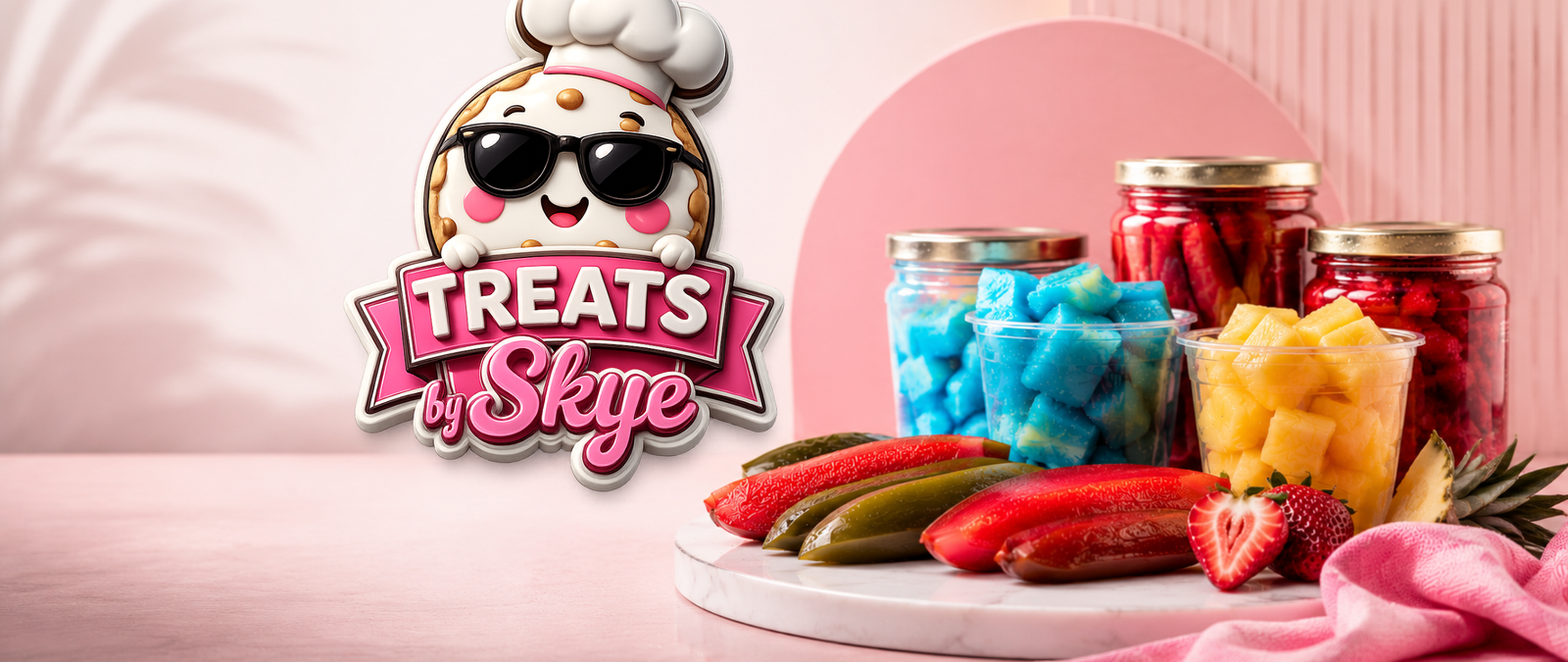 Treats by Skye branded spread of flavored pickles and pineapple